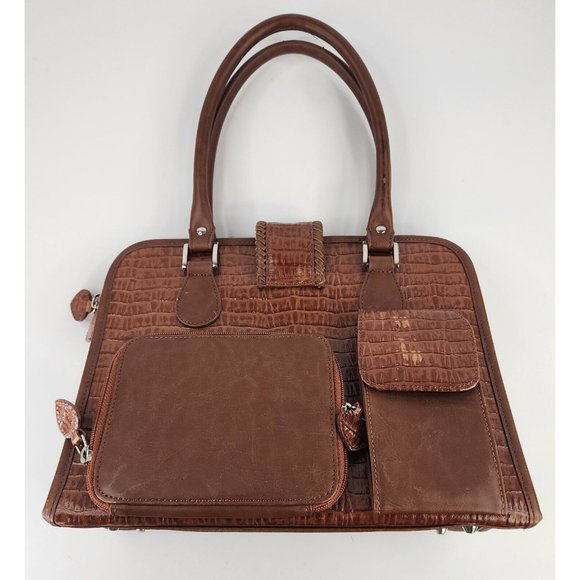 Womens Purse Brown Faux Croc Heart Charm Mom Core Braided Trim Clutch Bag - Picture 5 of 16